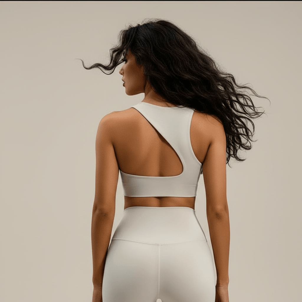 Brassière sport femme blanche crème dos asymétrique sangle diagonale - POSITIFLOW