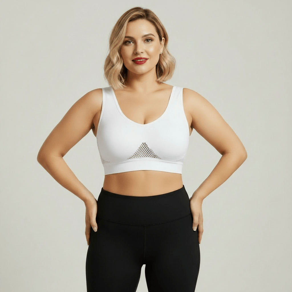 Brassière sport femme blanche avec mesh triangulaire devant – vue face studio