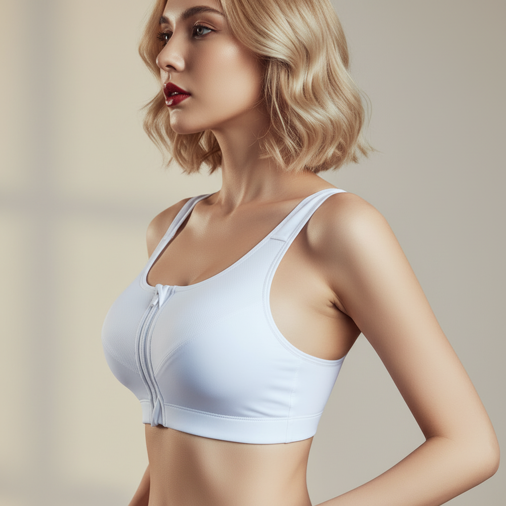 Brassière sport femme blanche zippée fermeture éclair vue profil – POSITIFLOW