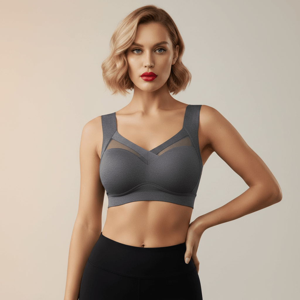 Brassière sport femme gris avec insert mesh – pose face main sur hanche, maintien confort, fond studio ivoire