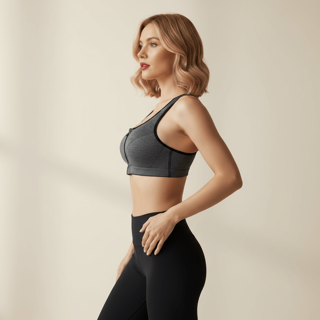 Brassière sport femme grise zippée pose élégante vue profil – POSITIFLOW