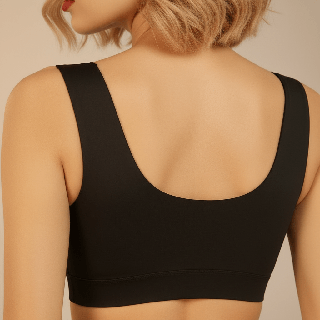 Brassière sport femme noir – zoom dos encolure U, détail coutures et bretelles larges