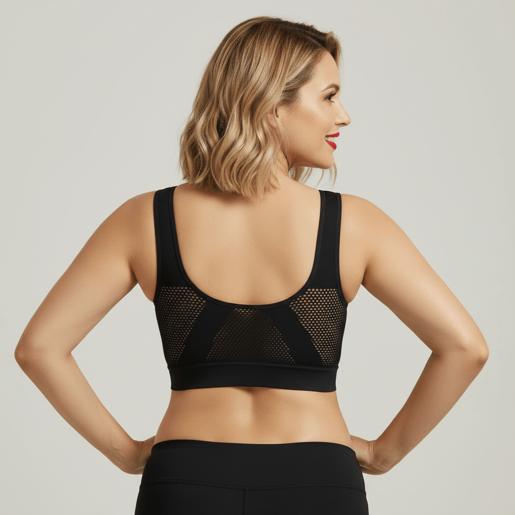 Brassière sport femme noire avec panneau mesh respirant au dos – vue arrière studio