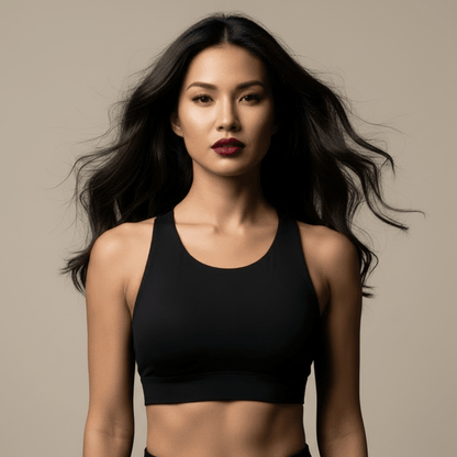 Brassière sport femme noire col rond racerback vue frontale - POSITIFLOW