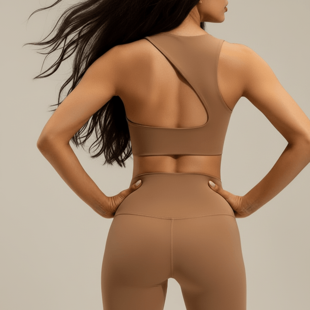 Brassière sport femme nude camel dos ouvert asymétrique - pose mains sur les hanches - POSITIFLOW