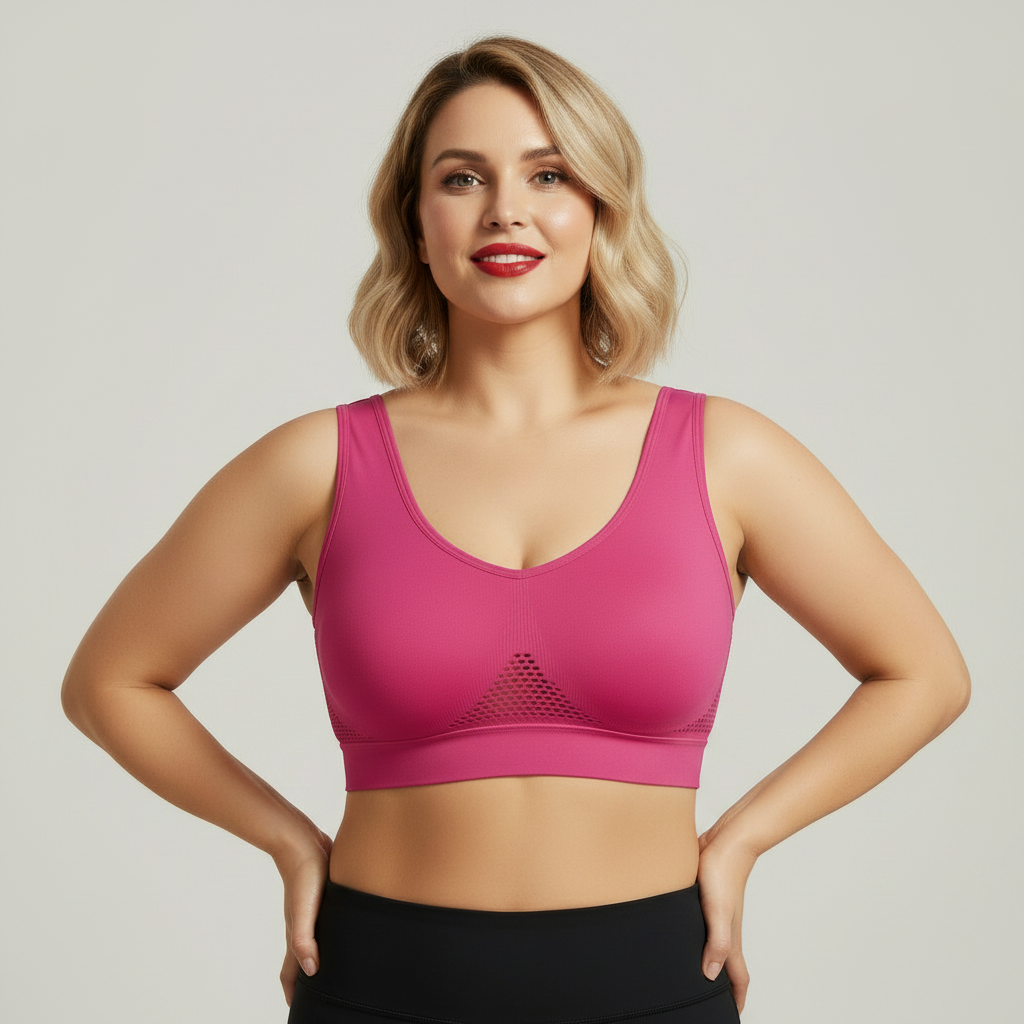 Brassière sport femme rose fuchsia avec mesh triangulaire devant – vue face studio