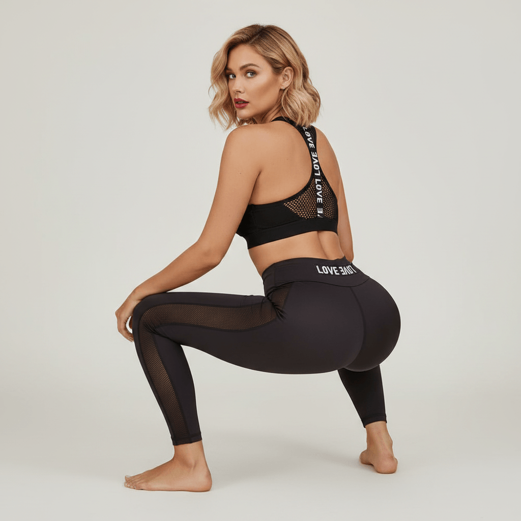 Brassière sport femme portée lors d’un squat, tenue fitness confortable offrant maintien, stabilité et liberté de mouvement pendant l’entraînement.