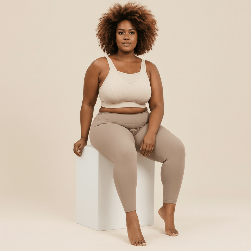 Brassière de sport grande taille CREME en look lifestyle athleisure – style casual chic, confort quotidien, femme pulpeuse blonde carré wavy rouge à lèvres en studio crème