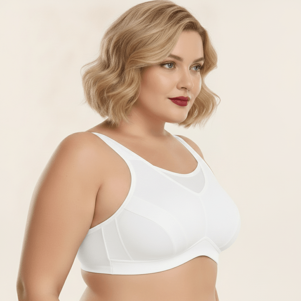 Brassière de sport grande taille blanche vue profil trois-quarts – maintien renforcé, coupe seamless sculptante, femme pulpeuse blonde carré wavy rouge à lèvres en studio crème