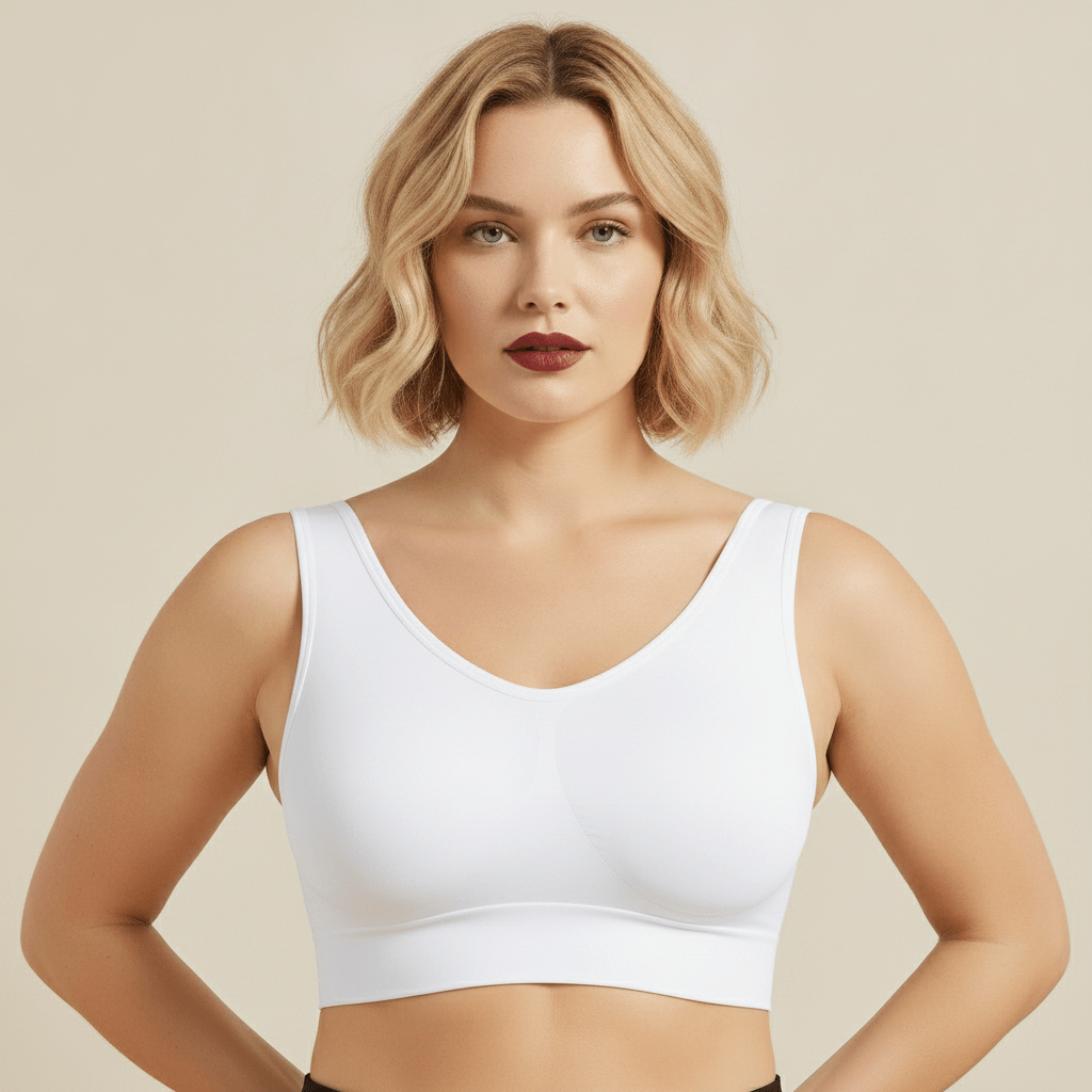 Brassière sport grande taille blanche seamless femme face buste visage détail compression studio