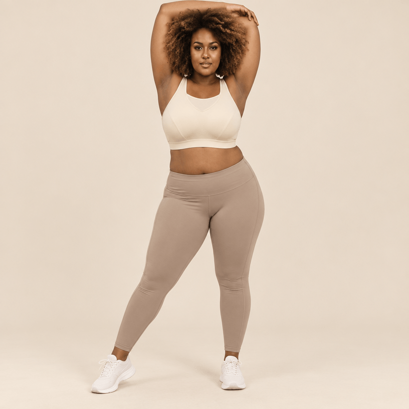 Brassière de sport grande taille creme bras levés – liberté de mouvement totale, maintien renforcé forte poitrine, coupe seamless sculptante, femme pulpeuse blonde carré wavy rouge à lèvres en studio ivoire