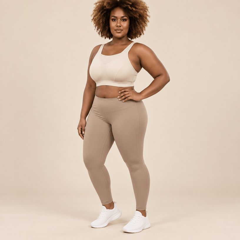 Brassière de sport grande taille creme vue de face – maintien renforcé forte poitrine, coupe seamless sculptante, femme pulpeuse blonde carré wavy rouge à lèvres en studio ivoire