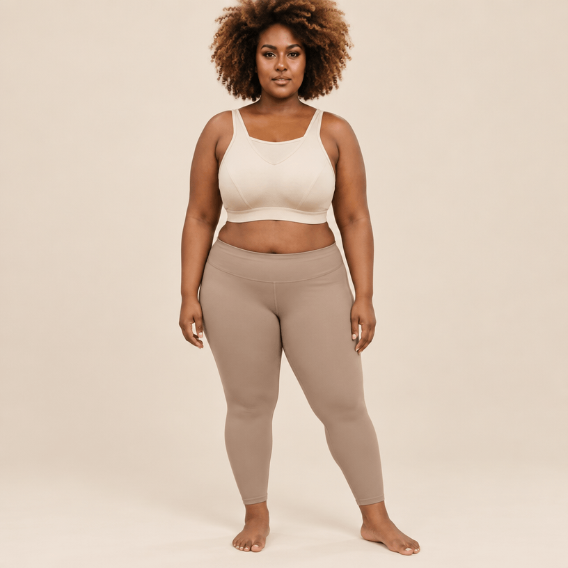 Brassière de sport grande taille cremepose mains sur les hanches – maintien optimal, coupe sculptante seamless, femme pulpeuse blonde carré wavy rouge à lèvres en studio ivoire