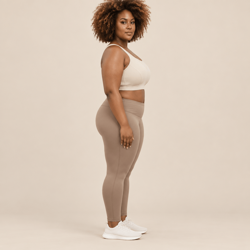 Brassière de sport grande taille creme vue de profil – galbe naturel poitrine généreuse, bretelles larges, coupe seamless, femme pulpeuse blonde carré wavy rouge à lèvres en studio crème