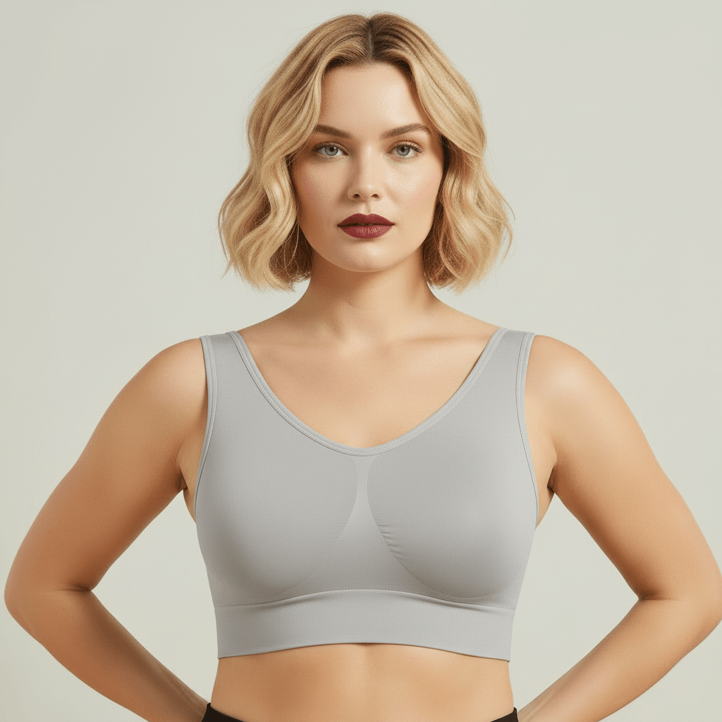 Brassière sport grande taille gris clair seamless femme face buste visage détail compression studio