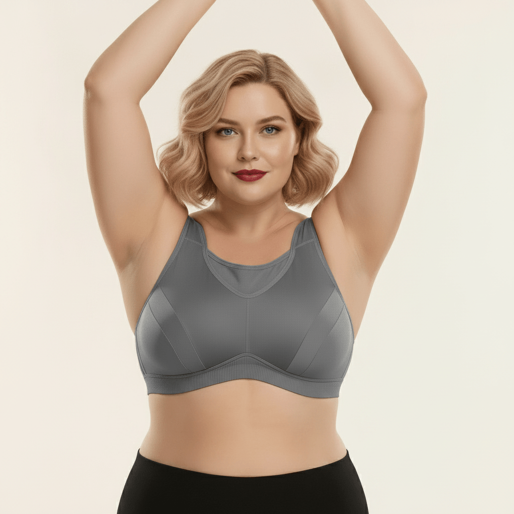 Brassière de sport grande taille grise bras levés – liberté de mouvement totale, maintien renforcé forte poitrine, coupe seamless sculptante, femme pulpeuse blonde carré wavy rouge à lèvres en studio ivoire