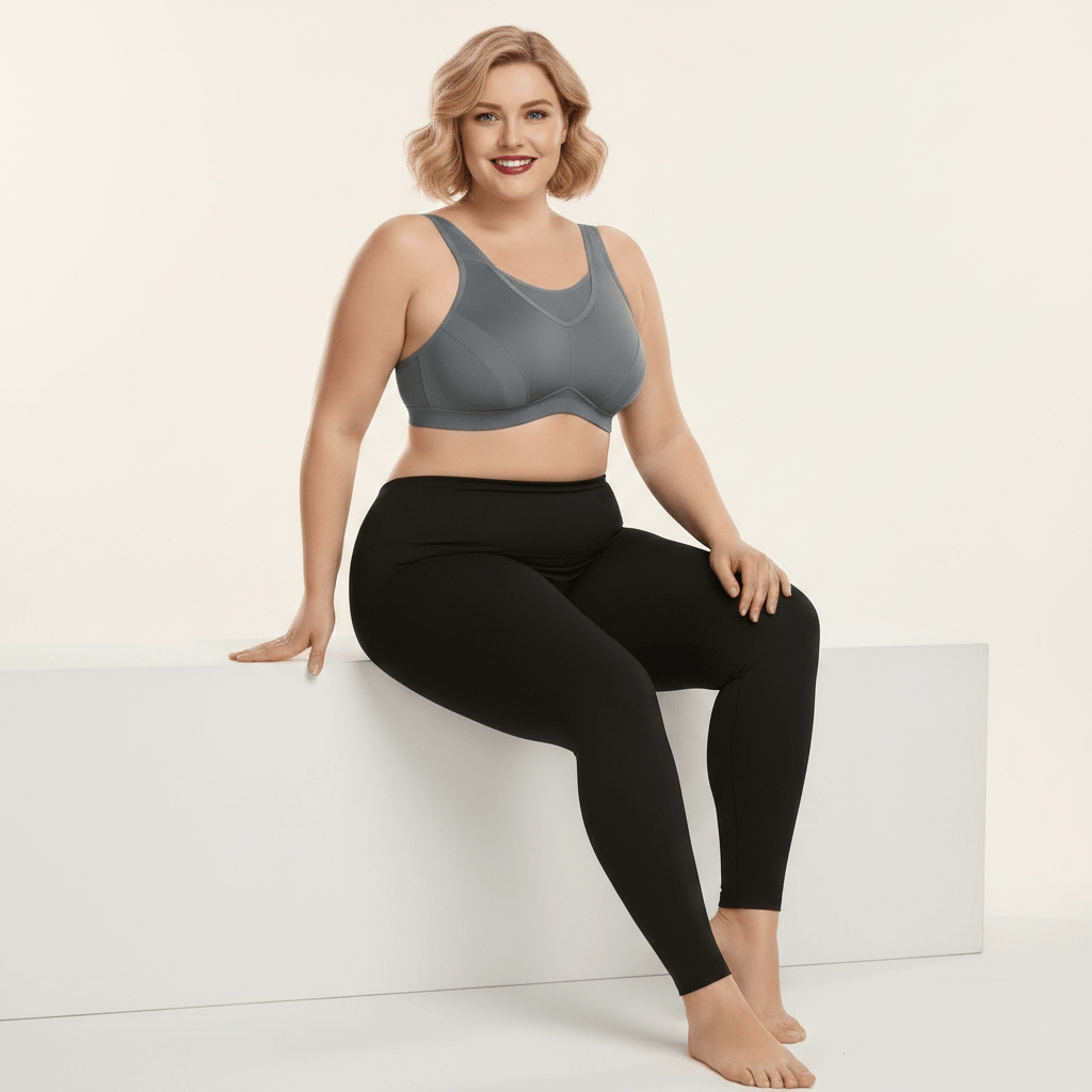 Brassière de sport grande taille grise en look lifestyle athleisure – style casual chic, confort quotidien, femme pulpeuse blonde carré wavy rouge à lèvres en studio crème