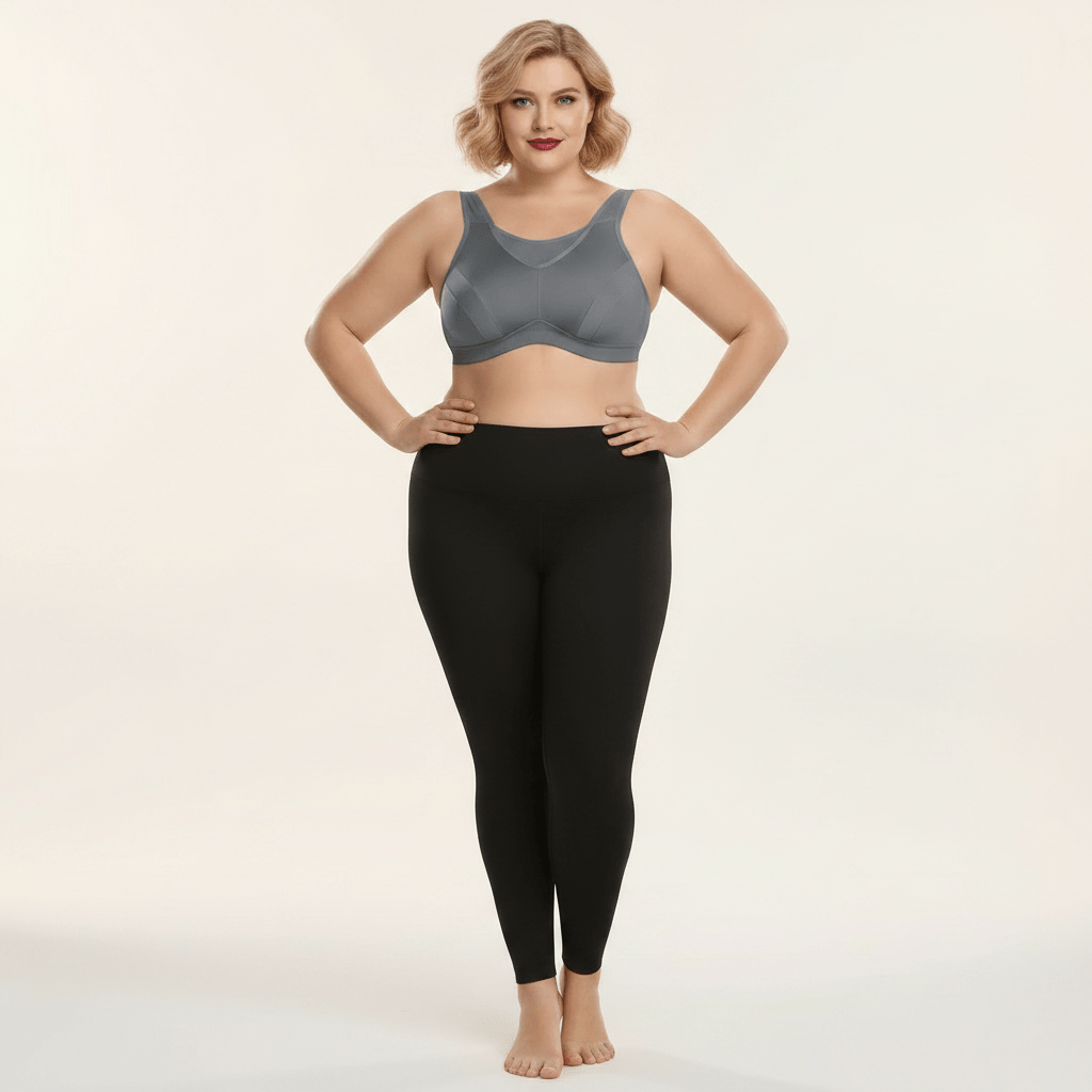 Brassière de sport grande taille grise pose mains sur les hanches – maintien optimal, coupe sculptante seamless, femme pulpeuse blonde carré wavy rouge à lèvres en studio ivoire
