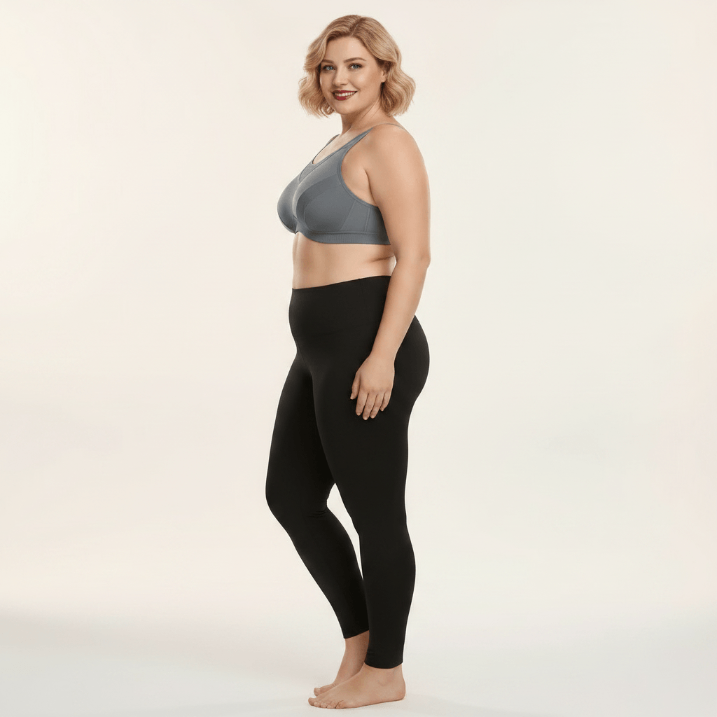 Brassière de sport grande taille grise vue de profil – galbe naturel poitrine généreuse, bretelles larges, coupe seamless, femme pulpeuse blonde carré wavy rouge à lèvres en studio crème