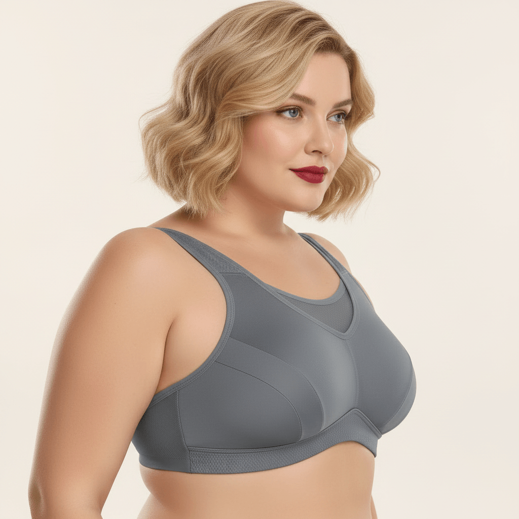 Brassière de sport grande taille grise vue profil trois-quarts – coupe seamless sculptante, maintien renforcé forte poitrine, femme pulpeuse blonde carré wavy rouge à lèvres en studio ivoire
