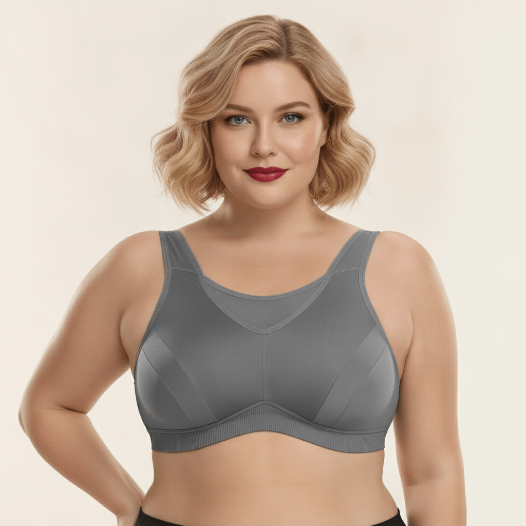 Brassière de sport grande taille grise zoom sur bretelles larges réglables – détails coutures, tissu seamless haute qualité, femme pulpeuse blonde en studio crème