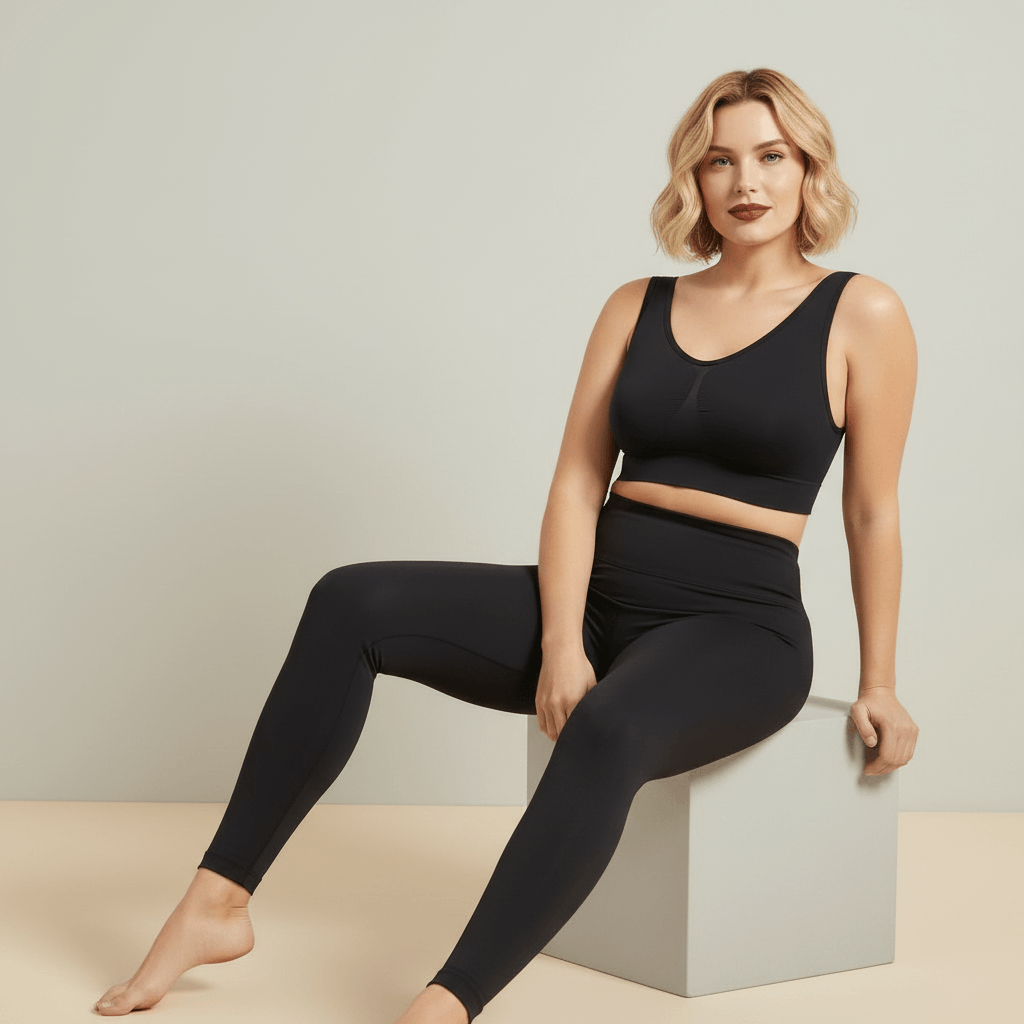 Brassière sport grande taille noire seamless femme assise cube studio lifestyle confiance posture détendue