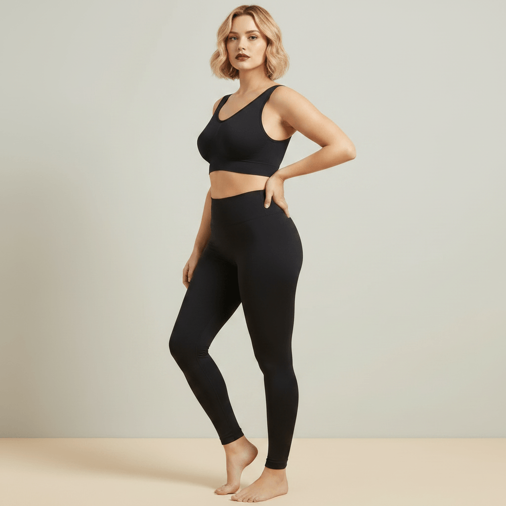  Brassière sport grande taille noire seamless femme face pose fashion éditoriale maintien compression studio