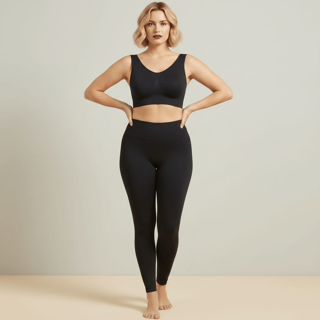 Brassière sport grande taille noire seamless femme mains hanches silhouette maintien compression studio