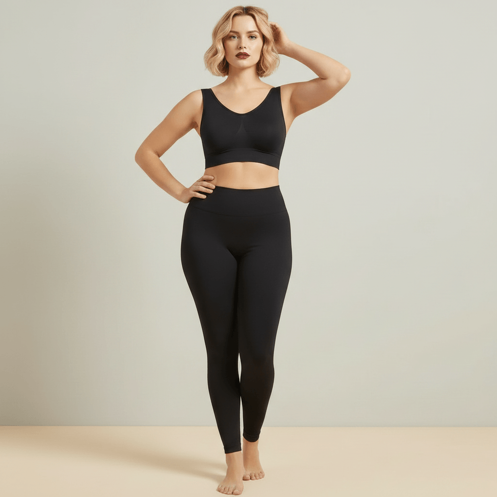 Brassière sport grande taille noire seamless femme profil face caméra pose fashion galbe maintien poitrine studio