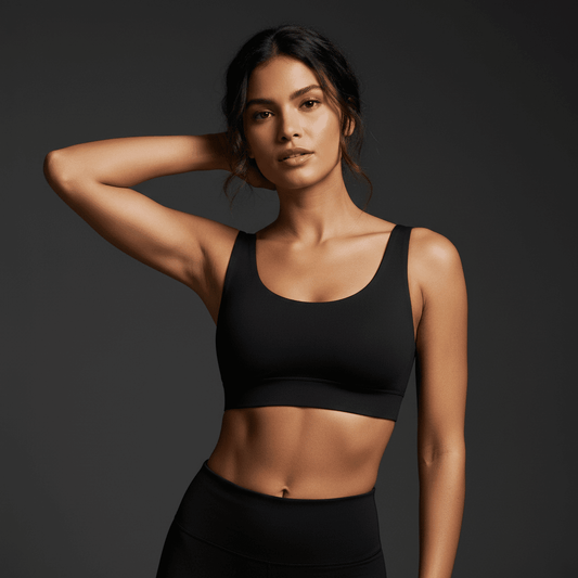  brassiere sport noire portée par une femme dans une photo premium élégante sur fond sombre minimaliste