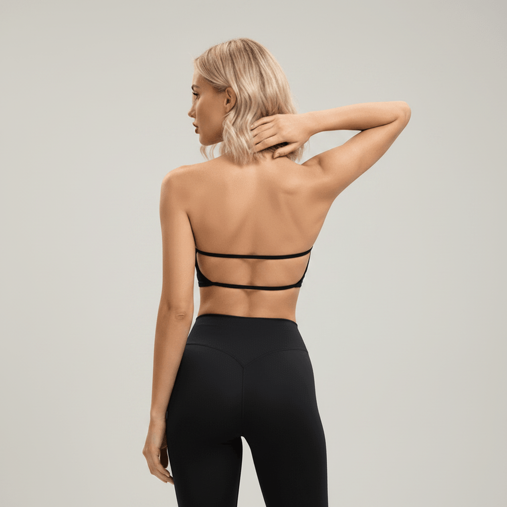 Brassiere Sport Push Up noire vue de dos portée par une femme dans une pose élégante avec dos ouvert et fines brides