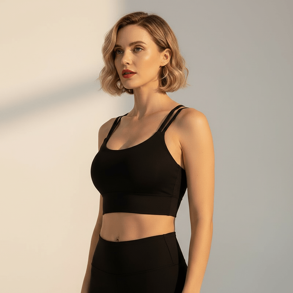 Brassière de sport push-up noire vue trois-quarts profil – double bretelles réglables, dos noué twist-back, coupe crop ajustée, femme blonde carré wavy rouge à lèvres en studio ivoire