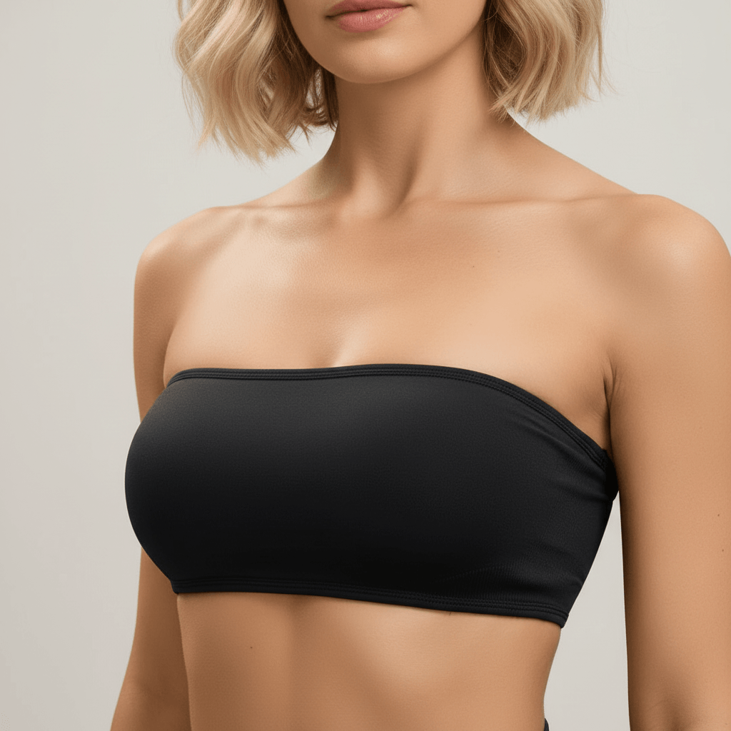 Brassière bandeau sans bretelles noir, modèle sport push-up élégant, couvrant le buste avec maintien naturel.