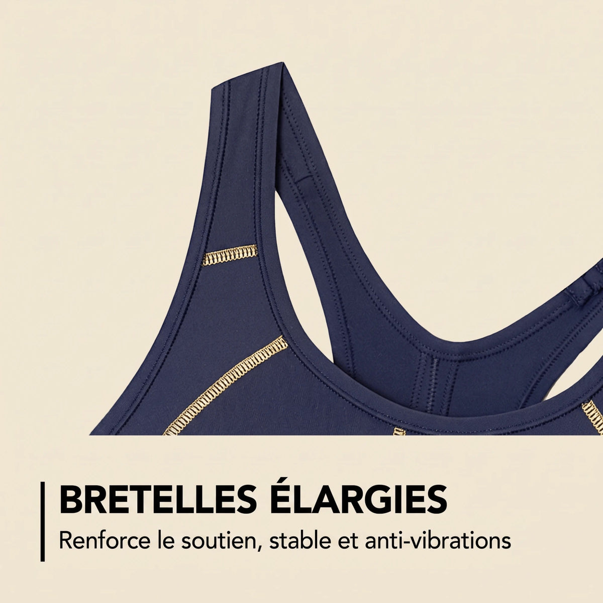 Bretelles élargies de la brassière de sport, gros plan sur la couture