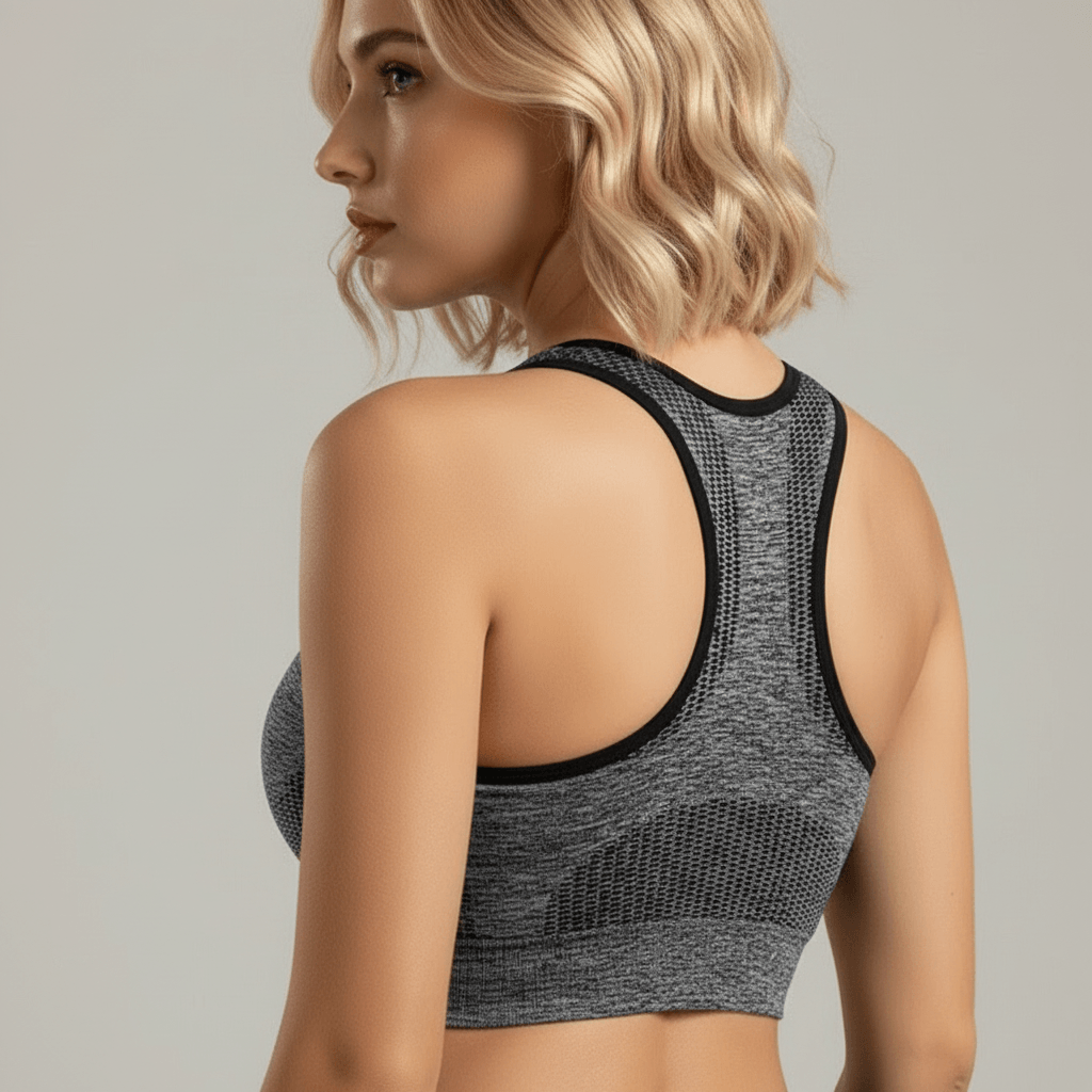 Brassière Sport Sans Armature Femme chiné gris, vue 3/4 dos, détail mesh et ribbed panel, studio minimaliste gris clair.
