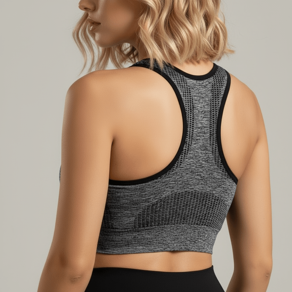 Brassière Sport Sans Armature Femme chiné gris, zoom dos détail tissu mesh, studio minimaliste gris clair.