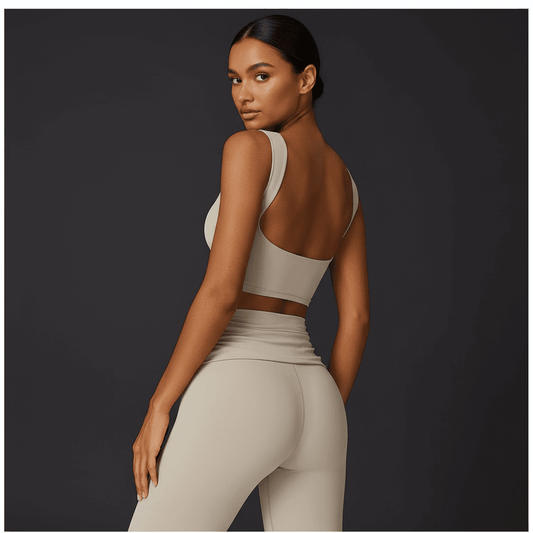 Brassière de yoga blanche Dos Ouvert, modèle montrant le dos et les épaules, vêtement respirant et ajusté. POSITIFLOW.