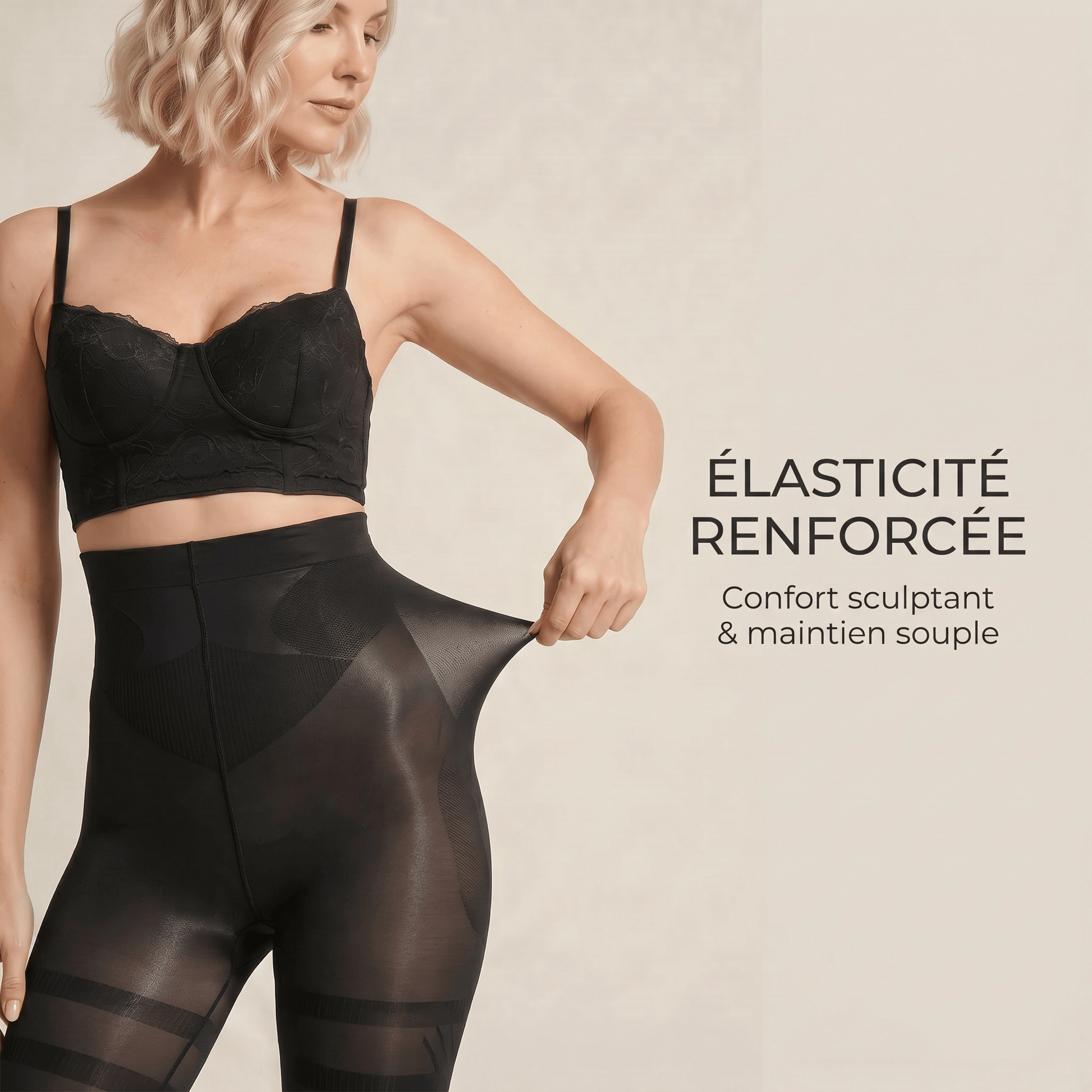 Démonstration de l’élasticité d’un collant anti cellulite noir gainant, matière extensible tirée à la main avec message confort sculptant et maintien souple.
