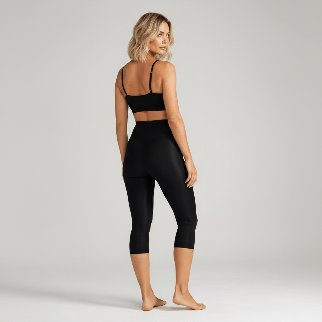 Femme vue de dos portant un collant anti cellulite noir, posture élégante, studio minimaliste ivory gray