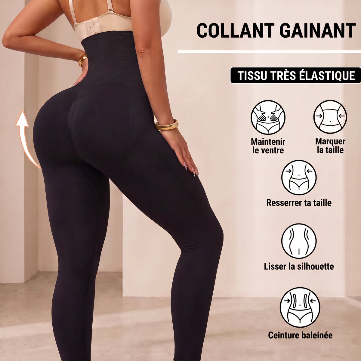 Infographie du collant gainant ventre plat noir : tissu très élastique, maintenir le ventre, marquer et resserrer la taille, lisser la silhouette, ceinture baleinée