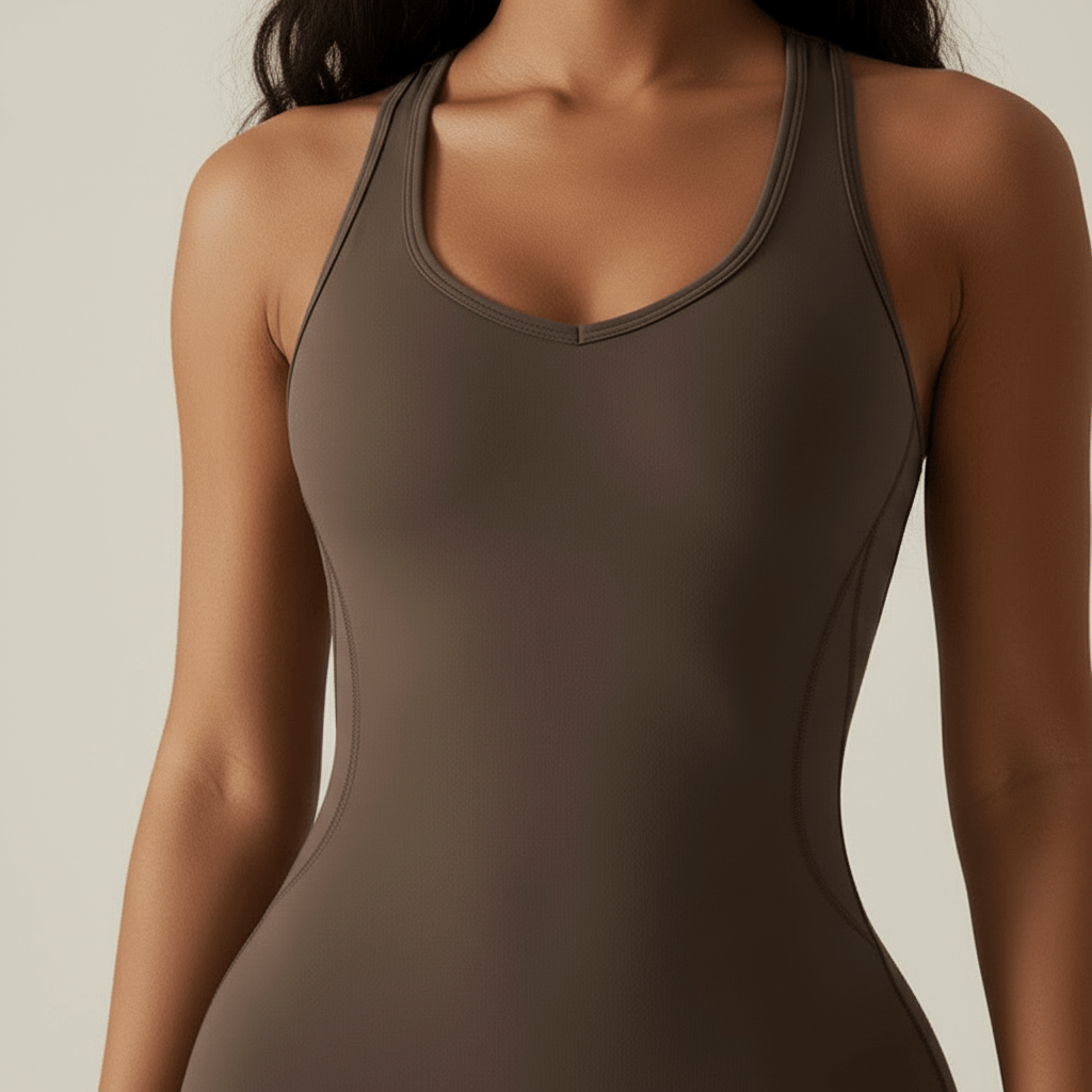 Combi yoga femme taupe sans manches zoom buste décolleté V bretelles racerback tissu seamless moulant gainant en studio ivoire