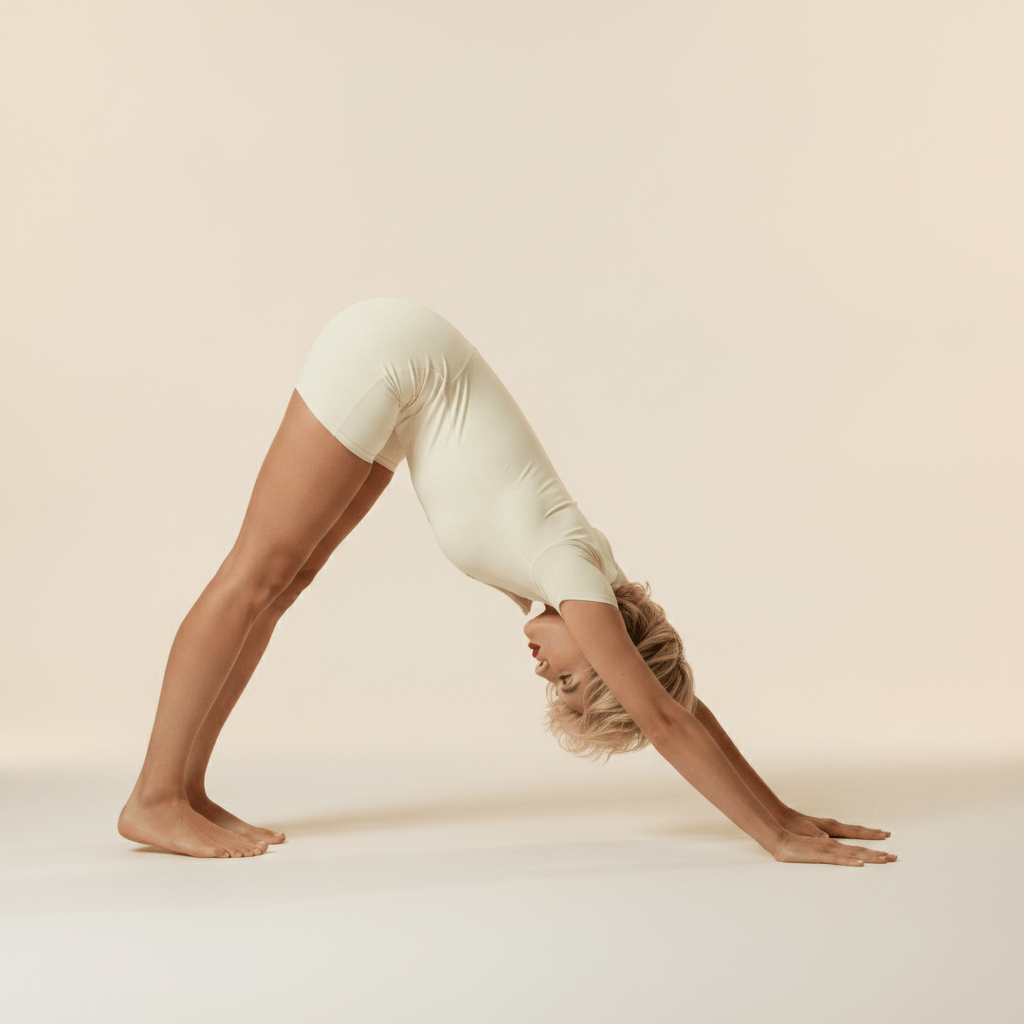Combinaison de yoga crème zip frontal manches courtes col montant pose chien tête en bas downward dog pieds nus studio ivoire