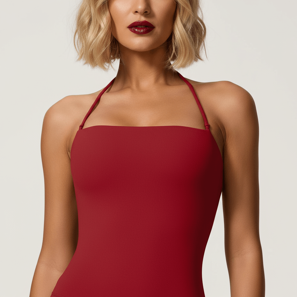 Combinaison femme fitness bordeaux halter neck zoom buste encolure droite bretelles fines tissu seamless moulant studio ivoire