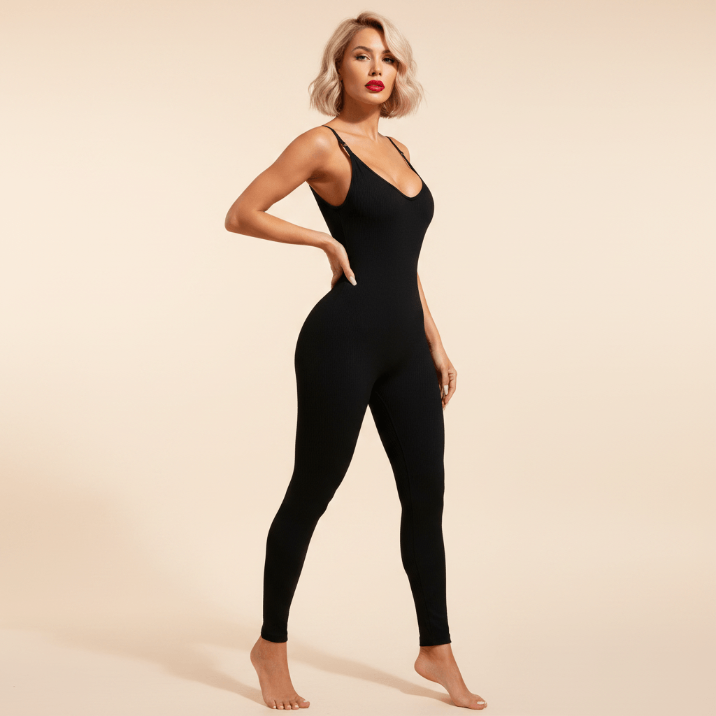 Combinaison legging noire côtelée bretelles fines réglables décolleté V pose trois quarts main sur hanche studio ivoire