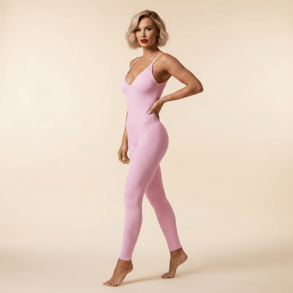 Combinaison legging rose côtelée bretelles fines réglables décolleté V pose trois quarts main sur hanche studio ivoire