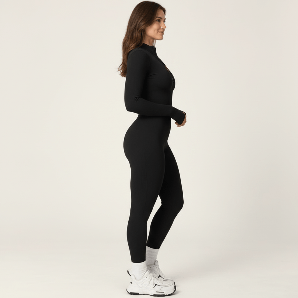 Combinaison polaire femme noire vue de profil, ligne continue des épaules à la cheville