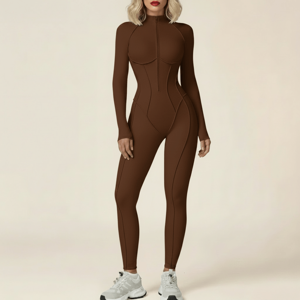 Combinaison sport femme fitness marron chocolat manches longues zip coutures sculptantes