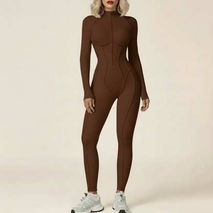Combinaison sport femme fitness marron chocolat manches longues zip coutures sculptantes