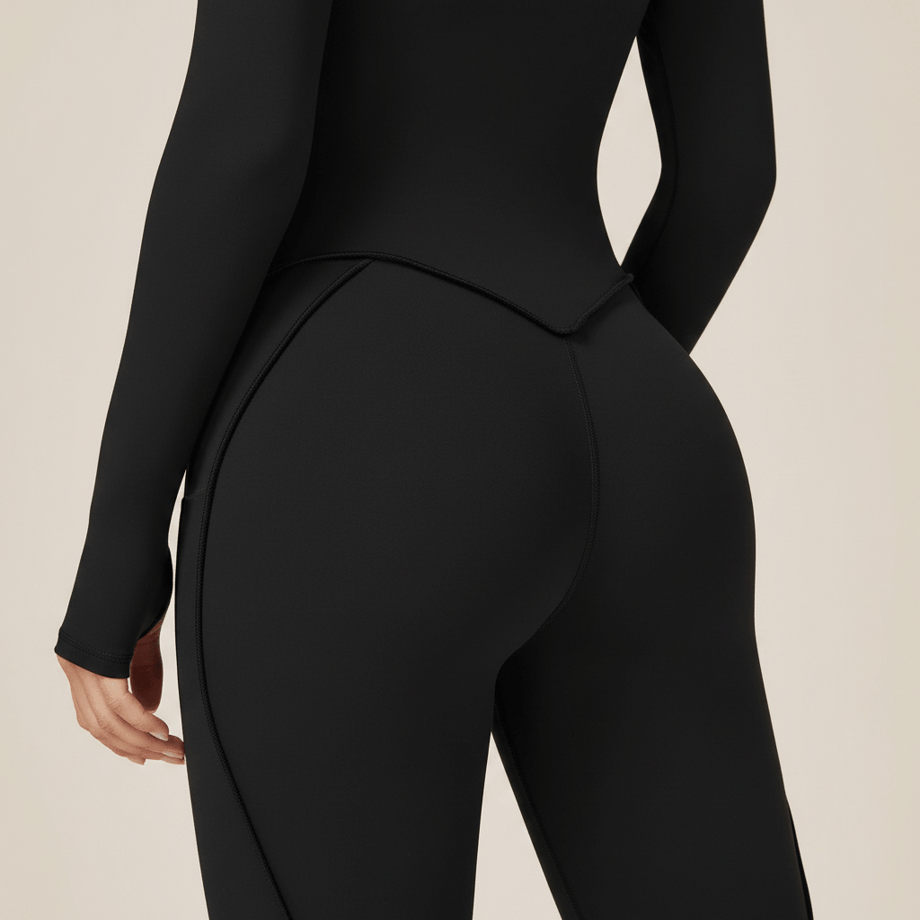 Combinaison sport femme fitness noire zoom dos coutures sculptantes gainantes détail