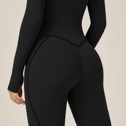 Combinaison sport femme fitness noire zoom dos coutures sculptantes gainantes détail